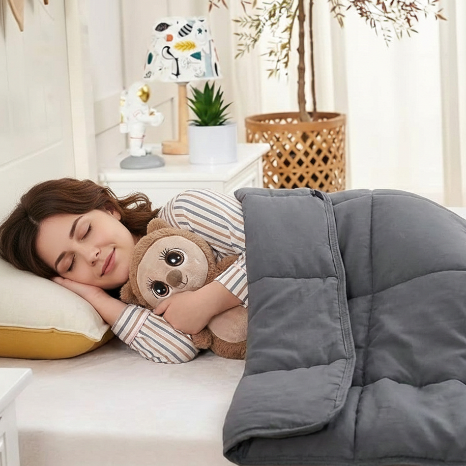 Foto van vrouw met knuffel met FocusBlanket voor The Focus Club
